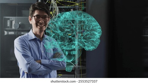 Image of glowing brain network over smiling asian male technician in dark server room. Connection, data, processing, ai, digital interface and communication, digitally generated image. - Powered by Shutterstock