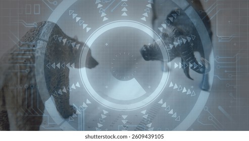 Image of glowing circular interface with moving scope scanning over bull and bear in background. financial data communication technology digital interface concept, digitally generated image. - Powered by Shutterstock - Get 15% off with code: PIKWIZARD15
