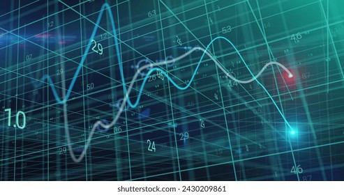 Image of glowing graphs and processing data over 3d grid on black background. Global communication, business, finance and data interface concept digitally generated image.