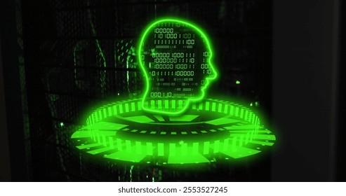 Image of glowing green circular scanner and head with binary data processing and server room. Connection, data, processing, ai, digital interface and communication, digitally generated image.