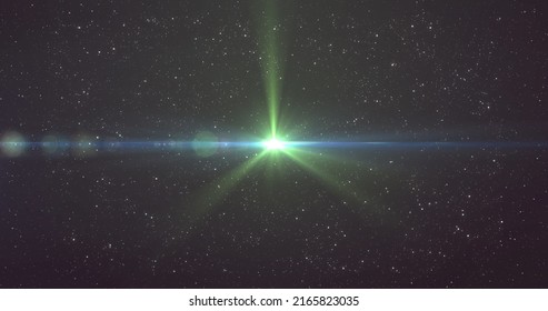 Image of glowing green light over stars on night sky. light and movement concept digitally generated image.