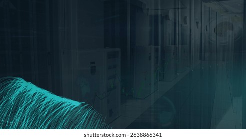 Image of glowing green light trails over empty computer server room. Global networking and business storage technology concept