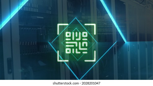 Image of glowing green QR code with blue neon elements and computer servers in the background. Global online security data technology concept digitally generated image.