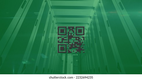 Image of glowing green QR code with neon elements and computer servers on green background. Global online security data technology concept digitally generated image.