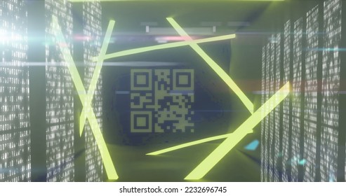 Image of glowing green QR code with green  elements and data processing on screens on black background. Global online security data technology concept digitally generated image.