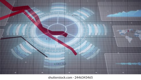 Image of glowing interface with information and graph lines moving on black grid. communication technology digital interface concept, digitally generated image.