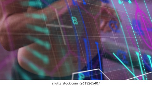 Image of glowing interface processing data over female athlete on running machine. sport, fitness and technology concept, digitally generated image.