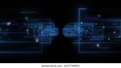 Image of glowing light trails and data processing on black background. global data processing, digital interface and computing concept digitally generated image.