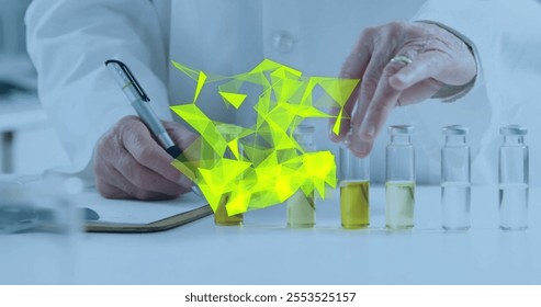 Image of glowing light trails over caucasian male scientist in laboratory. Global science, connections, computing and data processing concept digitally generated image. - Powered by Shutterstock