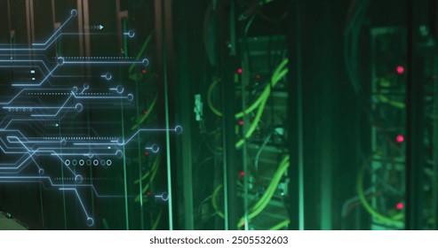 Image of glowing motherboard over dark computer server room. Digital interface, data, network, connection and communication, digitally generated image.