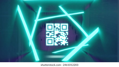 Image of glowing neon and qr code flickering over computer servers. Global connections, computing, digital interface and data processing concept digitally generated image.