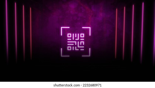 Image of glowing pink QR code with neon pink elements on pink background. Global online security data technology concept digitally generated image.