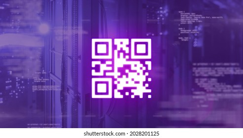 Image of glowing purple QR code with neon elements and data processing on purple background. Global online security data technology concept digitally generated image. - Powered by Shutterstock