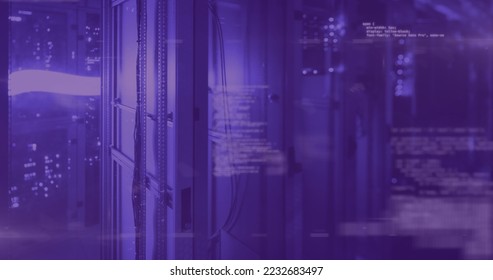 Image of glowing purple QR code with neon elements and data processing on purple background. Global online security data technology concept digitally generated image.
