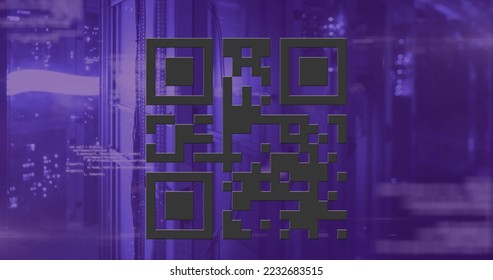 Image of glowing purple QR code with neon elements and data processing on purple background. Global online security data technology concept digitally generated image.