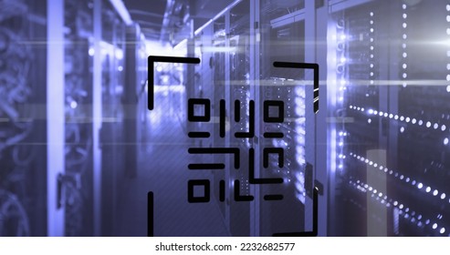 Image of glowing QR code with neon elements with computer servers in the background. Global online security data technology concept digitally generated image.
