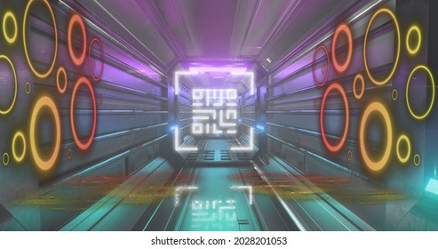 Image of glowing QR code with red and yellow neon elements in tunnel in the background. Global online security data technology concept digitally generated image.