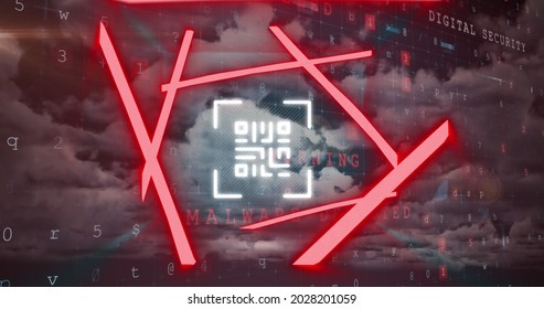 Image of glowing QR code with red neon elements and data processing with clouds on sky in the background. Global online security data technology concept digitally generated image. - Powered by Shutterstock - Get 15% off with code: PIKWIZARD15
