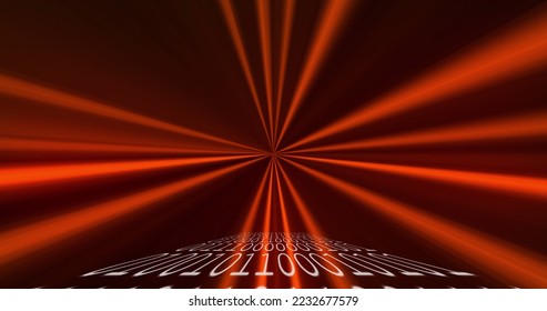 Image of glowing QR code with red neon elements and binary coding on black background. Global online security data technology concept digitally generated image.