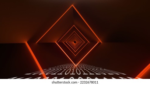 Image of glowing QR code with red neon elements and binary coding on black background. Global online security data technology concept digitally generated image.