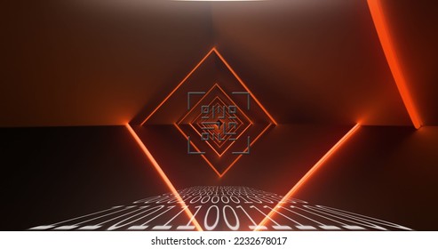 Image of glowing QR code with red neon elements and binary coding on black background. Global online security data technology concept digitally generated image.