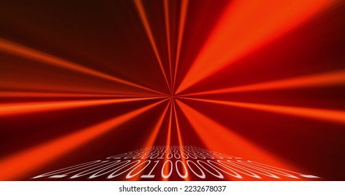 Image of glowing QR code with red neon elements and binary coding on black background. Global online security data technology concept digitally generated image.