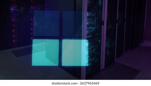 Image of glowing squares over server room. Global technology, computing and digital interface concept digitally generated image.