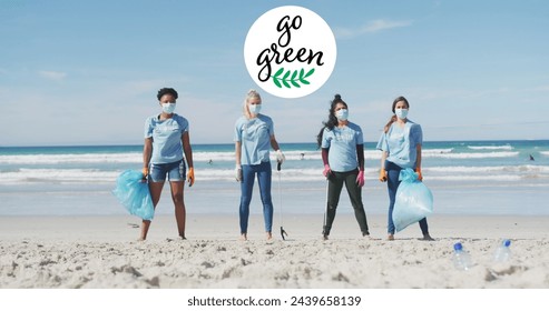 Image of go green text and logo over happy diverse group wearing face masks cleaning up beach. eco conservation volunteer month during corona virus pandemic digitally generated image. - Powered by Shutterstock