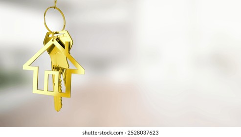 Image of gold house key fob and key dangling over out of focus interiors with copy space. Home ownership concept digitally generated image. - Powered by Shutterstock