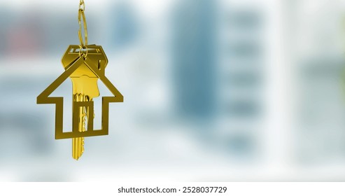 Image of gold house key fob and key dangling over out of focus interiors with copy space. Home ownership concept digitally generated image. - Powered by Shutterstock