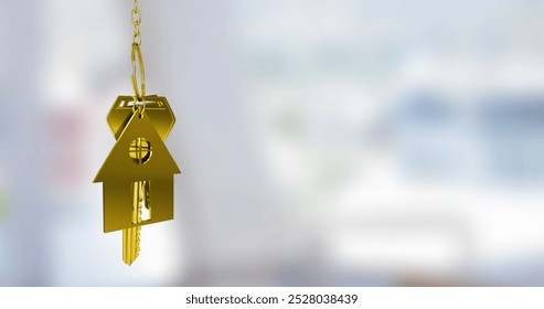 Image of gold house key fob and key dangling over out of focus interiors with copy space. Home ownership concept digitally generated image. - Powered by Shutterstock