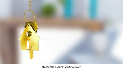 Image of gold house key fob and key dangling over out of focus interiors with copy space. Home ownership concept digitally generated image. - Powered by Shutterstock