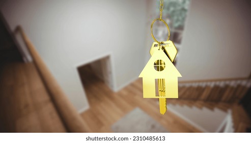 Image of gold key and house key ring over blurred house interior. real estate, developer business and moving house concept digitally generated image. - Powered by Shutterstock