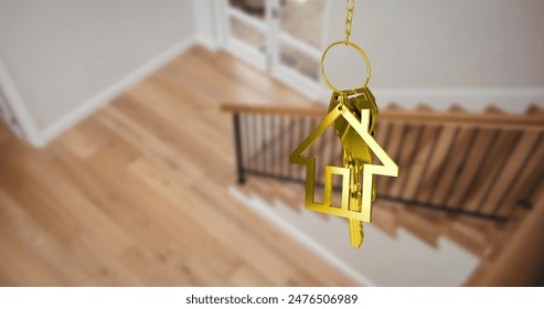 Image of gold key and house key ring over blurred house interior. real estate, developer business and moving house concept digitally generated image. - Powered by Shutterstock