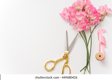 Image Gold Scissors Pink Flowers Ribbon Stock Photo 449680426 ...