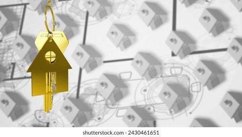 Image of golden house keys and house shaped key fob hanging over 3d white house models in a row 4k - Powered by Shutterstock