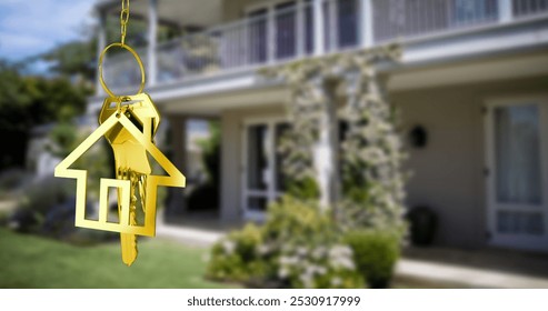 Image of golden house keys and house shaped key fob hanging over an out of focus house 4k - Powered by Shutterstock