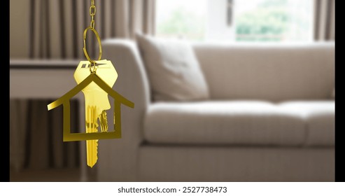 Image of golden key and house over house interior. Moving house concept digitally generated image. - Powered by Shutterstock