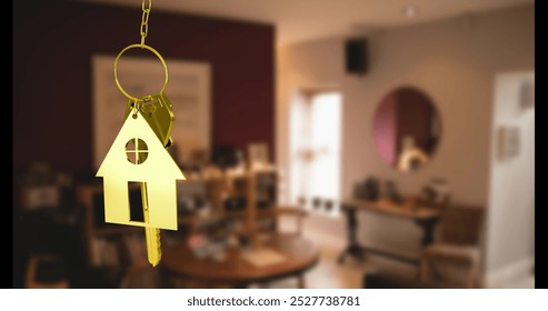 Image of golden key and house over house interior. Moving house concept digitally generated image. - Powered by Shutterstock