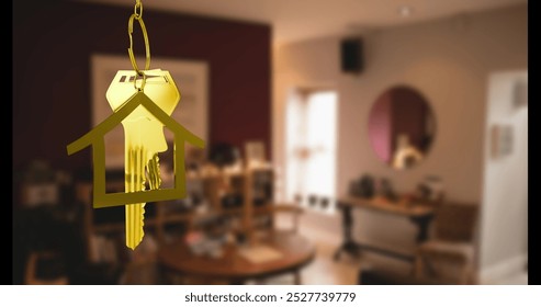 Image of golden key and house over house interior. Moving house concept digitally generated image. - Powered by Shutterstock