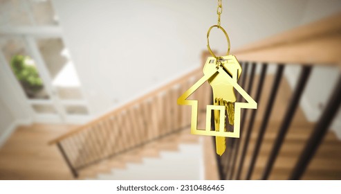 Image of golden key with house shape over stairs in house. moving house concept digitally generated image. - Powered by Shutterstock