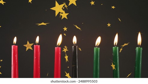 Image of golden stars falling over kwanzaa candles on black background. Kwanzaa festivity, celebration and tradition concept digitally generated image. - Powered by Shutterstock