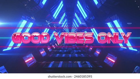 Image of good vibes only text moving in illuminated triangular tunnel. Digital composite, abstract, glowing, technology, positive, savings, inspiration and feeling concept. - Powered by Shutterstock - Get 15% off with code: PIKWIZARD15