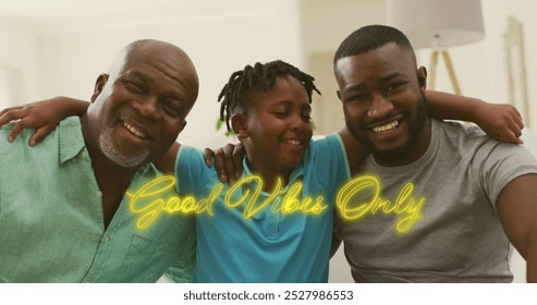 Image of good vibes only text with african american family smiling. retro communication and social media concept digitally generated image. - Powered by Shutterstock