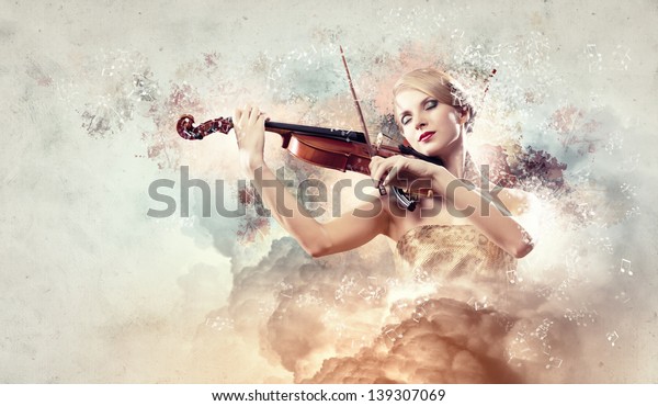 Image of gorgeous woman playing violin against colorful background