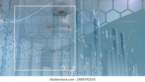 Image of graph, binary code, midsection of digital human, low angle view of sky through window. Digital composite, multiple exposure, report, finance, anatomy, coding and technology concept.