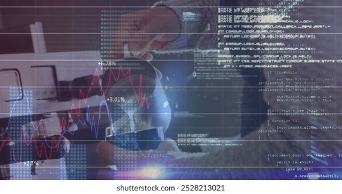 Image of graph, binary codes, computer language over cropped hand of barista pouring milk in cup. Digital composite, multiple exposure, report, finance, coding beverage, drink and technology. - Powered by Shutterstock