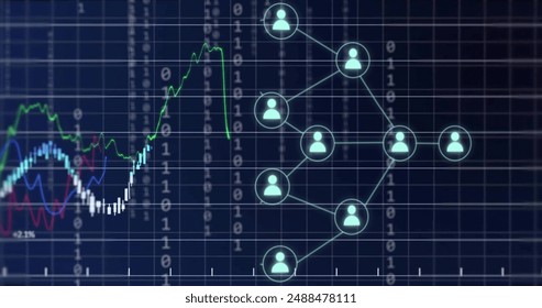 Image of graph, binary data processing with networks of people icons on black background. Connection, data, processing, digital interface and communication, digitally generated image.