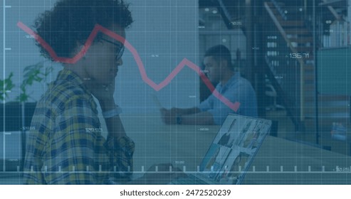 Image of graph and changing numbers over diverse coworkers discussing reports on image call. Digital composite, multiple exposure, report, business, planning, teamwork and technology concept.
