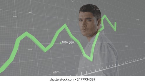 Image of graph with changing numbers over caucasian male doctor using digital tablet. Digital composite, multiple exposure, report, business, medical, growth, healthcare and technology concept.